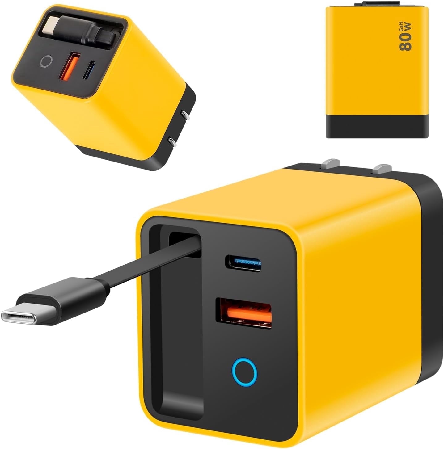 3 in 1 Type C Charger Fast Charging, 80w Charger Retractable Cable, Retractable USB C Charger with Type-C Cable & 2 USB Ports, All in One Chargers Retractable Cable, Home Travel Essential (Yellow)
