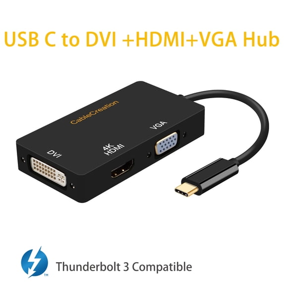 3 in 1 USB C to VGA HDMI DVI Adapter, CableCreation USB Type C to HDMI VGA DVI Female Converter, Compatible with MacBook Pro 2020, Surface Book 2, ChromeBook Pixel, Mac Mini 2018, XPS 15, Black