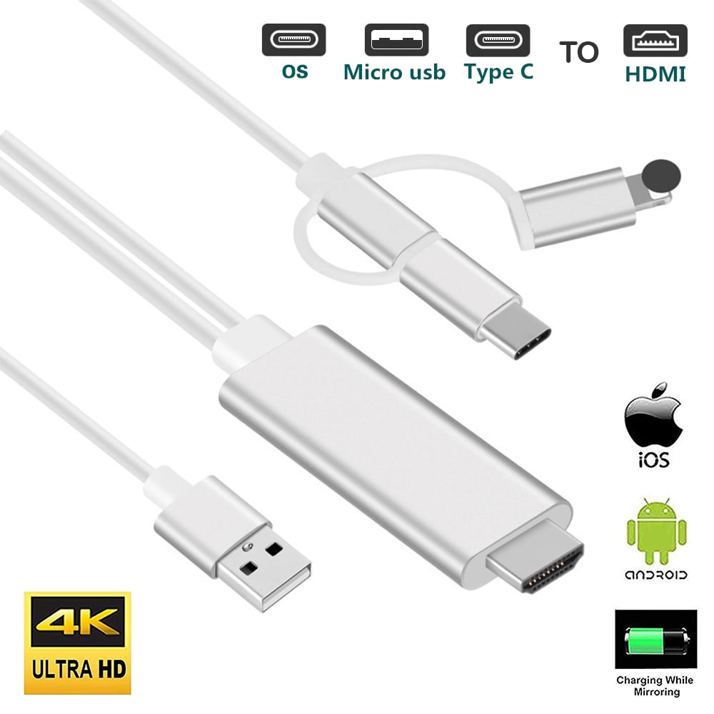 3 in 1 USB Type-C/OS/Micro USB to HDMI Cable,Hdiwousp Phone to HDMI Cable with Bluetooth Connection,1080P Charging & Mirroring Mobile Phone Screen Compatible with OS/Android Devices