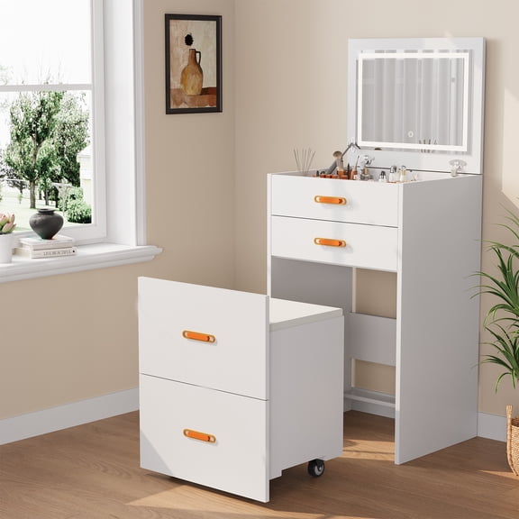 Garvee 3 in 1 Vanity, Compact Vanity with 3 Drawers, Makeup Desk with Flip-up 3 Colors Lighting Mirror and Cushioned Stool, Small Vanities Nightstand Perfect for Bedroom White