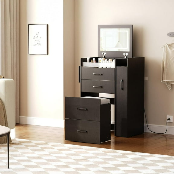 3 in 1 Vanity Desk with Flip Top Mirror, LED Lights, Side Cabinet,Collapsible Desk Panel, Hidden Stool with Storage, Small Makeup Vanity Table with Power Outlets, Compact Vanity, Black PT01DTB