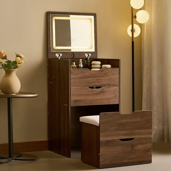 3 in 1 Vanity Desk with Flip Top Mirror, Small Make Up Vanity Set with Visible Glass Desktop, Compact Makeup Vanity with 3 Drawers, Cushioned Tool, Dressing Table for Bedroom