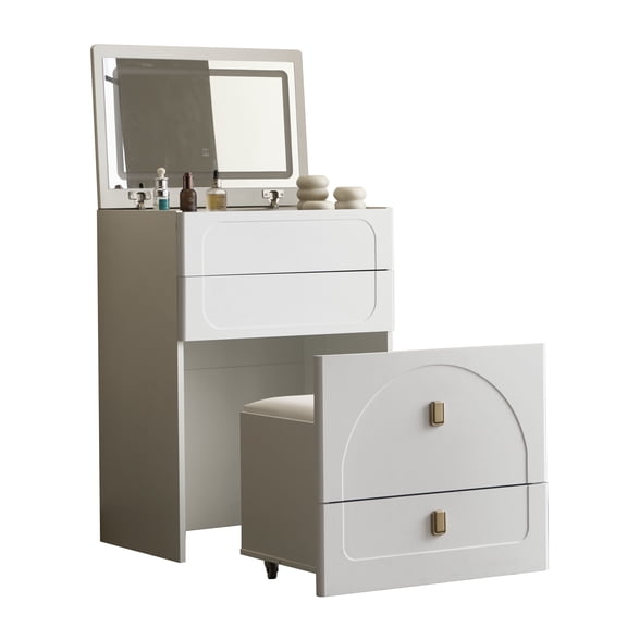 3 in 1 Vanity Desk, Flip Top Vanity Set with Mirror and 3 Drawer, Small Makeup Vanity Table with Cushioned Stool , Compact Dressing Table for Bedroom, White On-Site