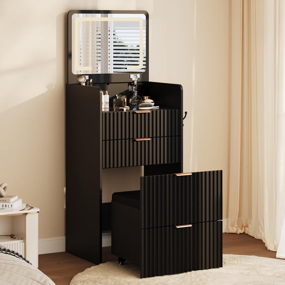 3 in 1 Vanity Desk with Lights & Rolling Stool, Small Makeup Table with 3 Drawers and Flip Top Mirror, Modern Compact Beauty Station with USB Charging Port for Living Black