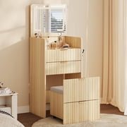3 in 1 Vanity Desk with Lights & Rolling Stool, Small Makeup Table with 3 Drawers and Flip Top Mirror, Modern Compact Beauty Station with USB Charging Port for Living Natural Wood