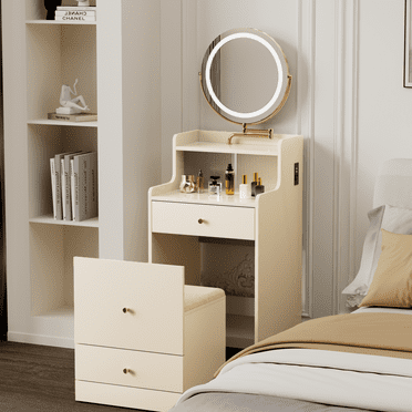 3 in 1 Vanity Desk With Mirror and Light ,Small Makeup Vanity Table Set with Charging Station, With 3 Drawers and Open Storage Space, with Upholstered Stool, Dressing Table for Small Sp,Beige