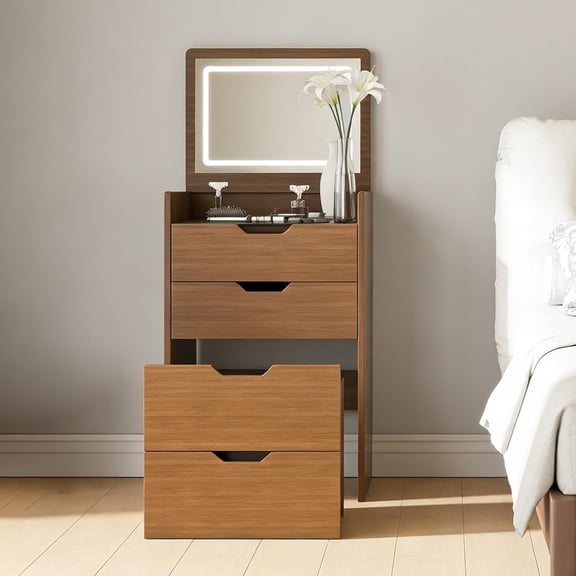 3 in 1 Vanity Desk with Mirror and Lights,Small Make Up Vanity Set with Glass Desktop,Compact Makeup Vanity with 3 Drawers & Stool,Flip Top Makeup Dressing Table for Bedroom,Walnut