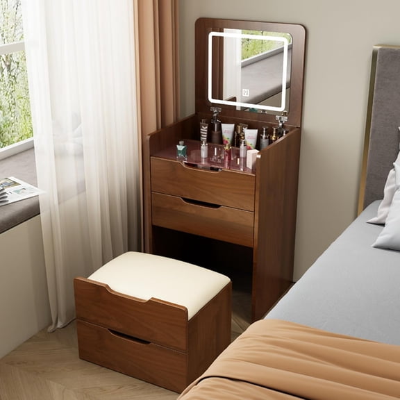 Hanyu 3 in 1 Vanity Desk with Mirror and Lights,Small Make Up Vanity Set with Visible Glass Desktop,Compact Makeup Vanity with 3 Drawers & Stool, Dressing Table for Bedroom (Walnut, 23.6" L)
