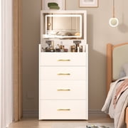 3 in 1 Vanity Desk with open Top Mirror, Small Make Up Vanity Set with Visible Glass Desktop and Rolling Storage Chair, Compact Makeup Vanity with 3 Drawers and 3 Color Lightingfor Bedroom, White