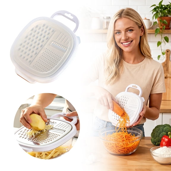 3 in 1 Vegetable Slicer with Storage Box, Stainless Steel Cheese Box Grater, Food Chopper with Wave Cutter, Kitchen Multi-Purpose Grater for Potatoes, Carrots, Zucchini, Onions, Easy Clean
