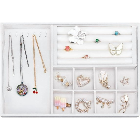 3 In 1 Velvet Jewelry Tray White Rectangle Necklace Bracelet Display Tray Insert Divided Storage Container Stackable Jewelry Organizer for Earring Rings Watch Brooch Collections 14x10x1 Inch