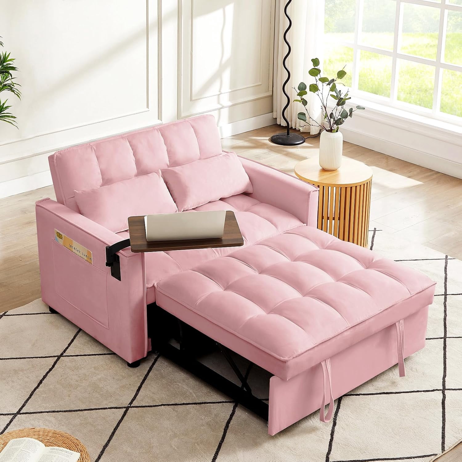 3 in 1 Velvet Pull Out Sofa Bed with Hidden Side Table, Convertible