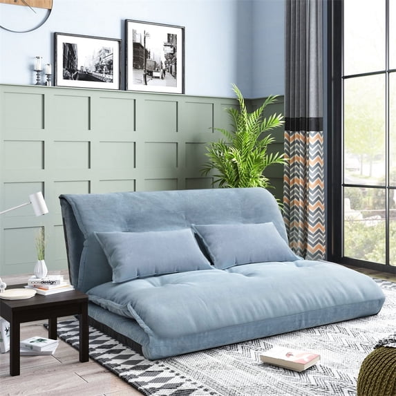 3 in 1 Versatile Lazy Sofa Adjustable Folding Futon Sofa, Compact Convertible Sofa Bed Video Gaming Sofa with Two Pillows for Living Room, Office, Small Apartment, Convertible Seat, Blue
