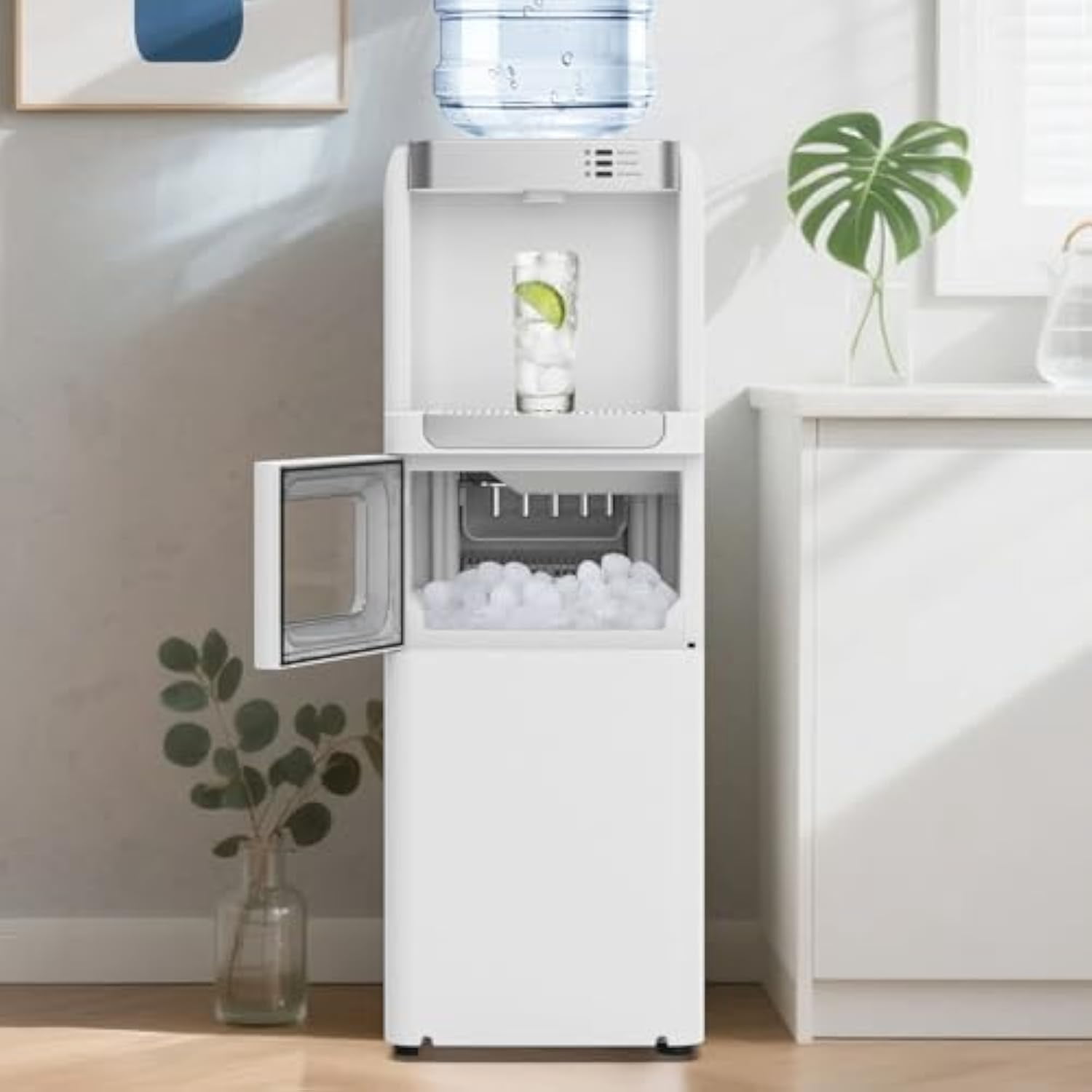 Kismile Water Cooler Dispenser With Ice Maker – For 2/3/5 Gallon Bottles, 33 Lbs Daily Ice Output, Child Safety Lock, Energy-Saving (White)