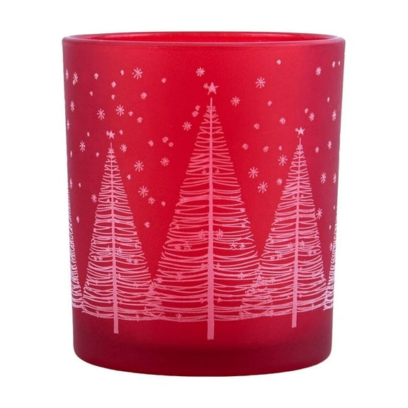 3.1" Winter Forest Glass Candle Holder, Pillar/Tea Light Cup Christmas Jar, Red