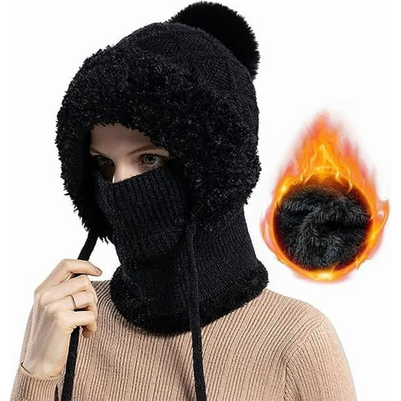 3 in 1 Winter Hat Scarf Set for Women Knit Balaclava Ski Mask with Face Mask, Warm Lined Beanie Hat with Bouble Adjustable Drawstring Windproof Hooded Hat for Outdoor Sports Women Gift