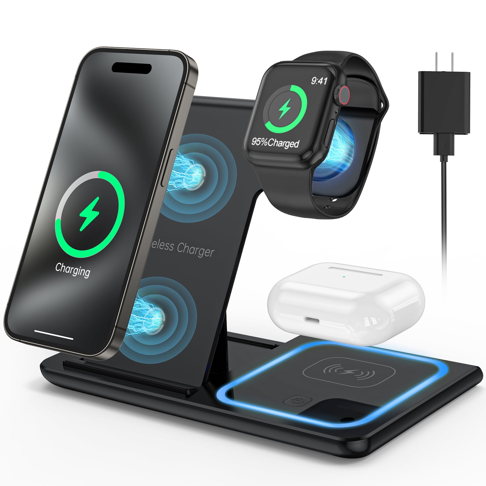 3 in 1 Wireless Charger, 18W Fast Charger Pad Stand Charging Station Dock for iWatch Series SE 8/7/6/5/4/3 Airpods Pro/3/2 for iPhone 15/14/13/12 /11/Pro Max/12 Pro /XR (With QC3.0 Adapter) - image 1 of 10