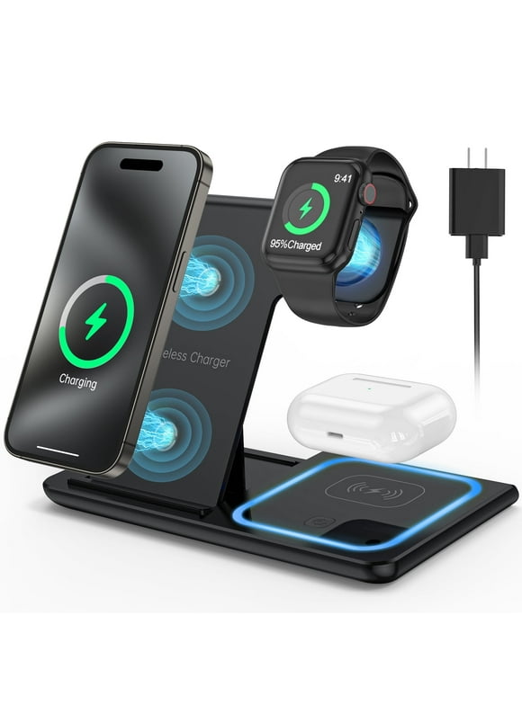 3 in 1 Wireless Charger, 18W Fast Charger Pad Stand Charging Station Dock for iWatch Series SE 8/7/6/5/4/3 Airpods Pro/3/2 for iPhone 15/14/13/12 /11/Pro Max/12 Pro /XR (With QC3.0 Adapter)