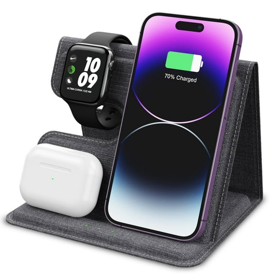 3 in 1 Wireless Charger Leather Stand for iPhone, AirPods, iWatch, Cellphones/Earbuds with wireless charging function, 18W high power, Efficient induction, Intelligent indicator light, Double coil