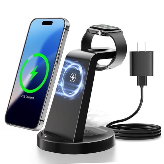 Charging Station, 15W Magnetic Wireless Charger for iPhone 17 16 15 14 13 12, for iWatch Series, for Airpods 4 3 2, for Samsung Galaxy, Black