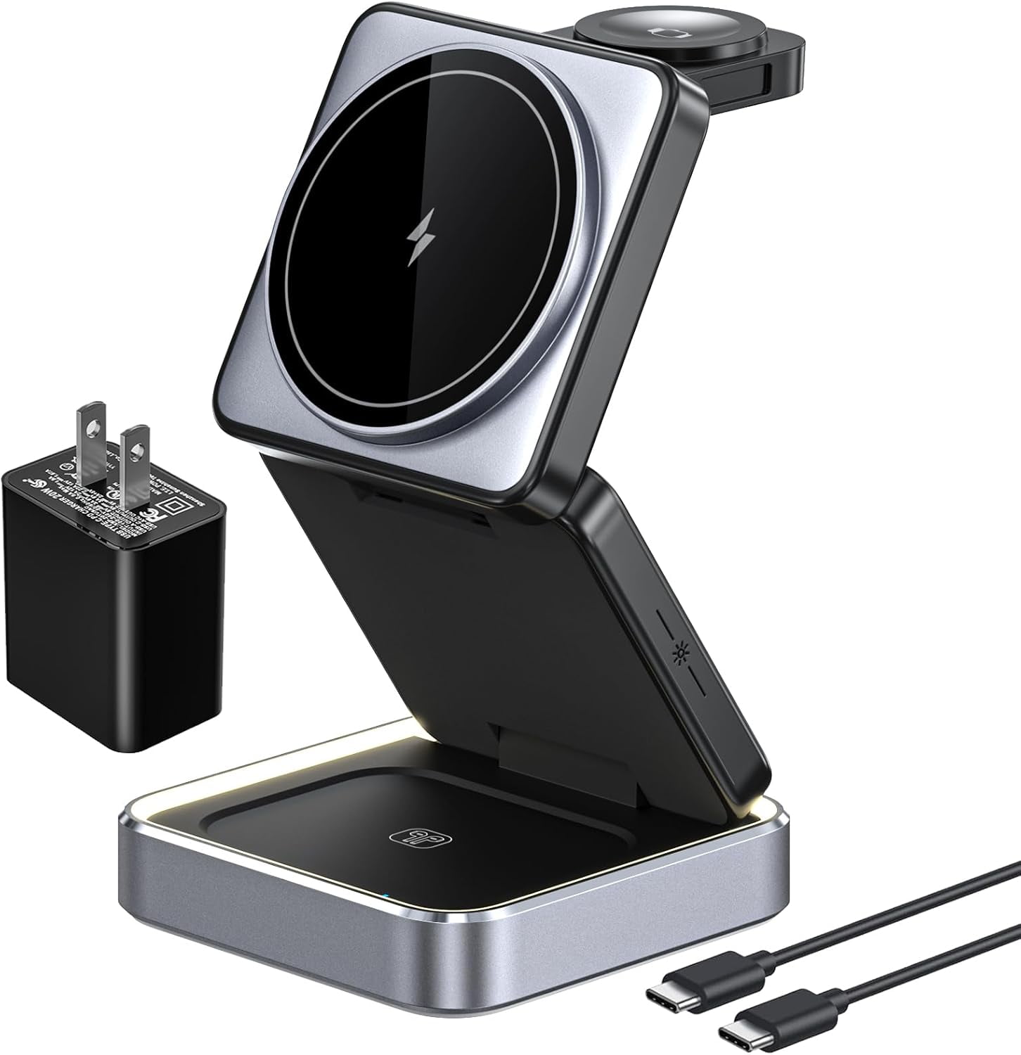 3 in 1 Wireless Charger for iPhone 17 16 15 14 13 12 11 Pro Max Foldable Wireless Charging Station with Night Light for MagSafe Travel Magnetic Charger Stand Fast Charging for AirPods Apple Watch B