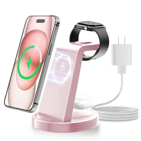 Wireless Charger, Charging Station, 3 in 1 Charger Stand for iPhone 17 16 15 14 13 12, Compatible with iWatch 11 10 9 8 7 6 5 4 3 2 SE Ultra Series, for Airpods 4 3 2 Pro, Pink