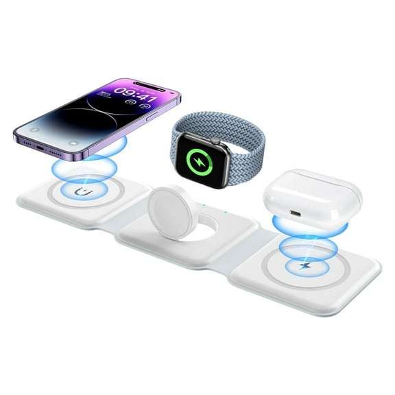 3 in 1 Wireless Charger for iPhone, Magnetic Foldable 3 in 1 Charging Station, Travel Charger for Multiple Devices for iPhone, Air Pods, iWatch - White