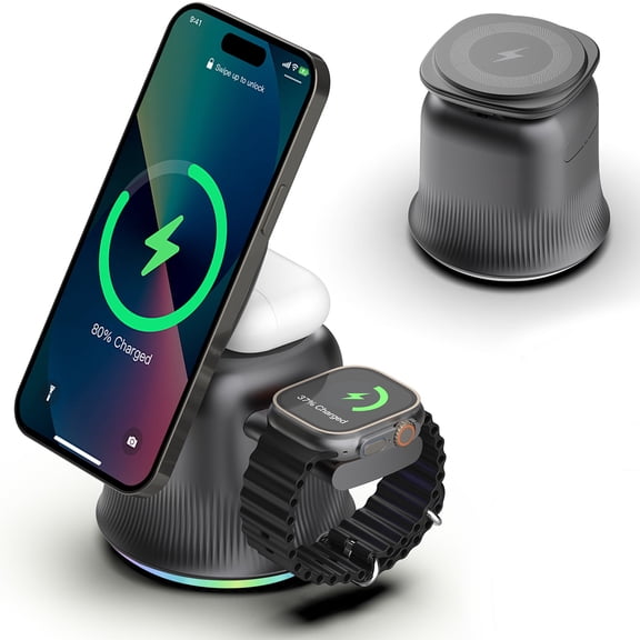 3 in 1 Wireless Charging Station, 15W Magnetic Fast Charging Stand with RGB Light, Multi-Device Charging,Intelligent Charging Chip, Foldable Cell Phone Wireless Chargers for Phone, Watch, Black