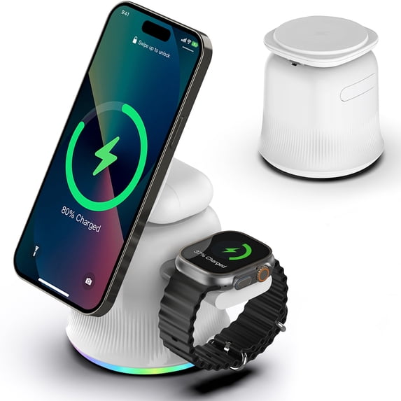3 in 1 Wireless Charging Station, 15W Magnetic Fast Charging Stand with RGB Light, Multi-Device Charging,Intelligent Charging Chip, Foldable Cell Phone Wireless Chargers for Phone, Watch, White