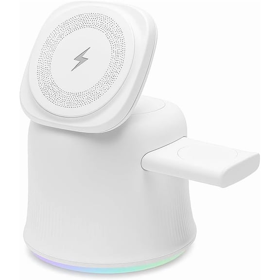 3 in 1 Wireless Charging Station, 15W Magnetic Fast Charging Stand with RGB Light, Multi-Device Charging,Intelligent Charging Chip, Foldable Cell Phone Wireless Chargers for Phone, Watch, White