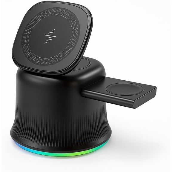 3 in 1 Wireless Charging Station, 15W Magnetic Fast Charging Stand with RGB Light, Multi-Device Charging,Intelligent Charging Chip, Foldable Cell Phone Wireless Chargers for Phone, Watch, Black