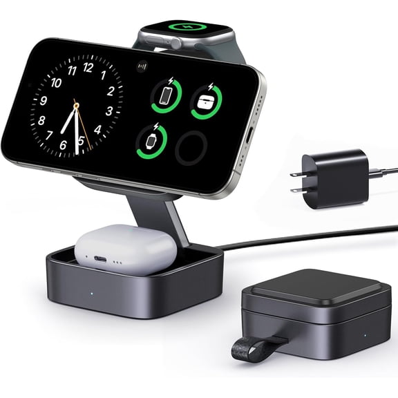 3 in 1 Wireless Charging Station for Apple Devices, Magnetic Foldable Travel Fast Charger Stand Compatible with MagSafe for iPhone Air/17e/17/16/15/14/13/12 Series, Apple Watch & AirPods Pro/4/3/2