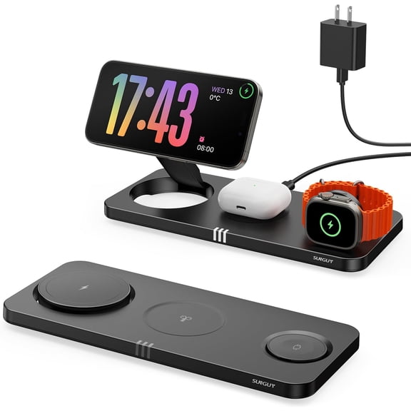 3 in 1 Wireless Charging Station for Apple Dvices,15W Fast Magnetic Charger, Foldable Travel Mag-Safe Charger Stand for iPhone 16/15/14/13/12 Pro Max Plus, iWatch S10/Ultra - S2, AirPods 4/Pro/3/2