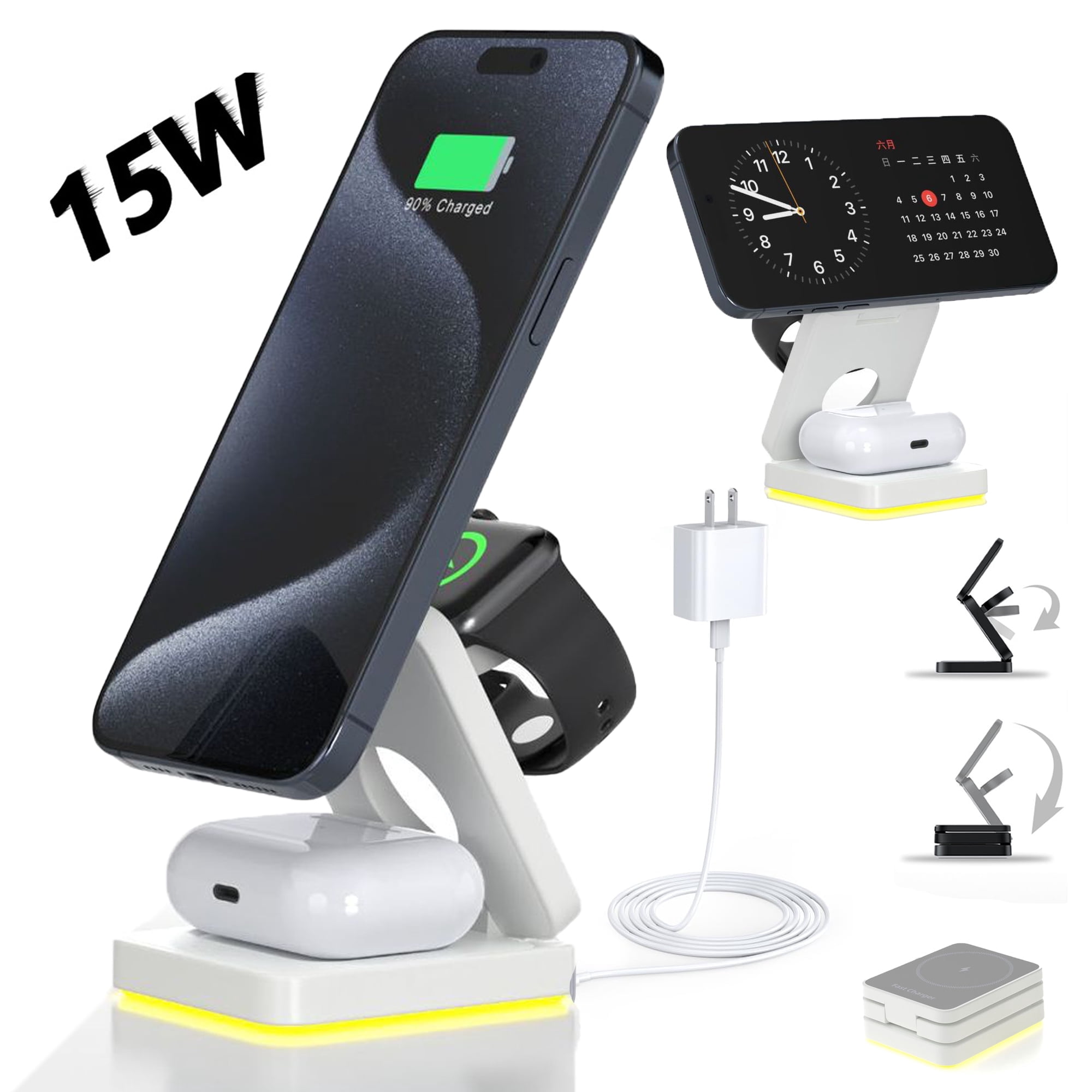 3 in 1 Wireless Charging Station for Apple Multple Devices - Foldable 15W Fast Magnetic Wireless Charger Dock -Travel Charging Pad for iPhone 16 15 14 13 12 Pro/Pro Max/Plus/Watch & All Airpods