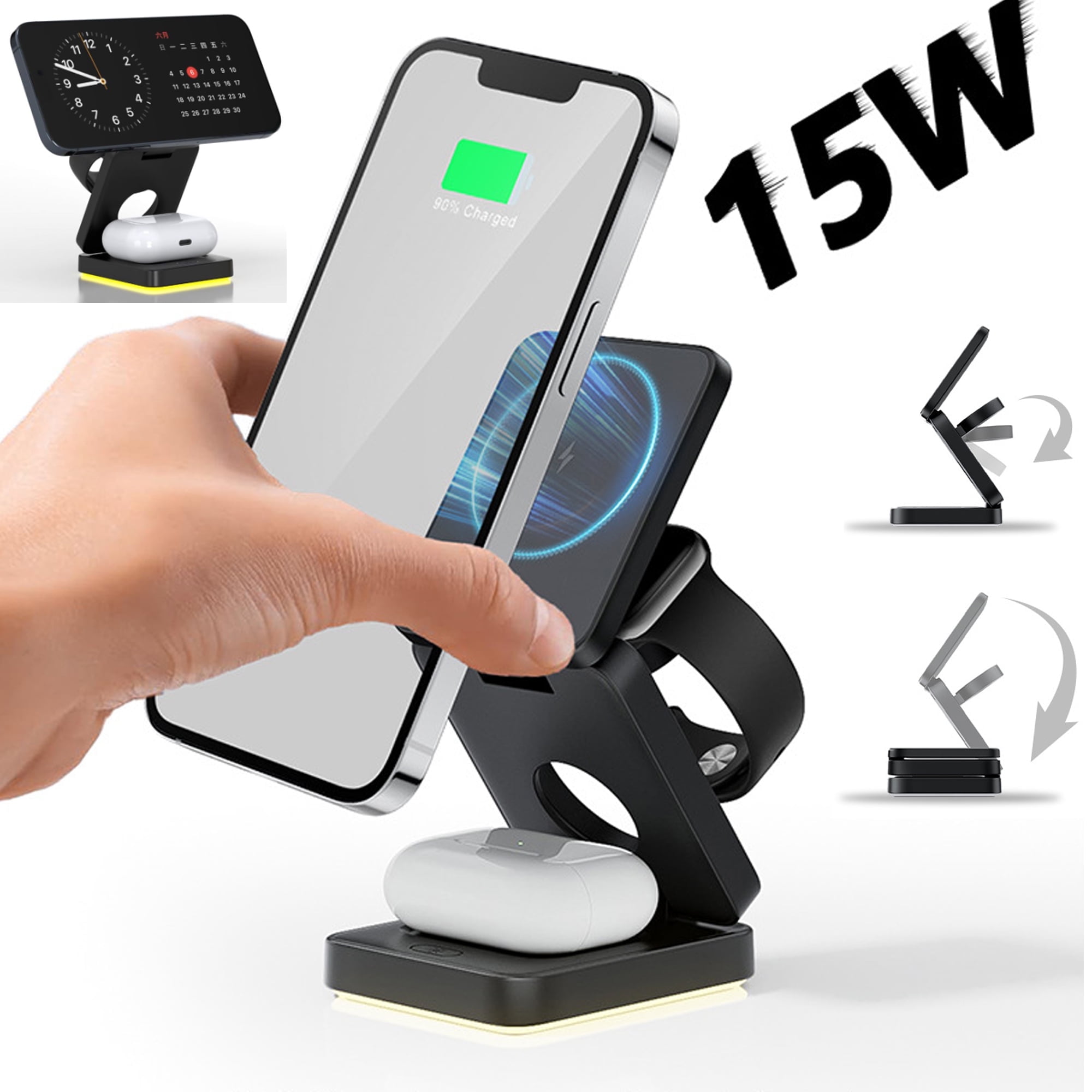 3 in 1 Wireless Charging Station for Apple Multple Devices - Foldable 15W Fast Magnetic Wireless Charger Dock -Travel Charging Pad for iPhone 16 15 14 13 12 Pro/Pro Max/Plus/Watch & All Airpods