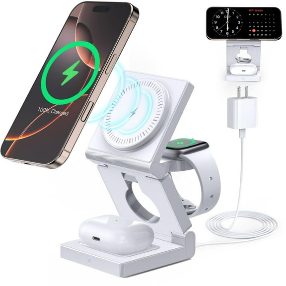 3 in 1 Wireless Charging Station for Apple Multple Devices - Foldable Magnetic Wireless Charger Dock -Travel 18W Charging Pad for iPhone 17 16 15 14 13 12 Pro/Pro Max/Plus/Watch & Airpods All Series