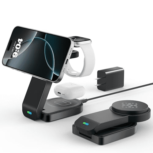 3 in 1 Wireless Charging Station Compatible with Apple,Foldable Magnetic Wireless Charger for iPhone 16/15/14/13/12,Apple Watch Series 10/Ultra 2/Ultra/9/8/7/6/5/4/SE/SE 2,Air-Pods 4/3/Pro/2(Black)