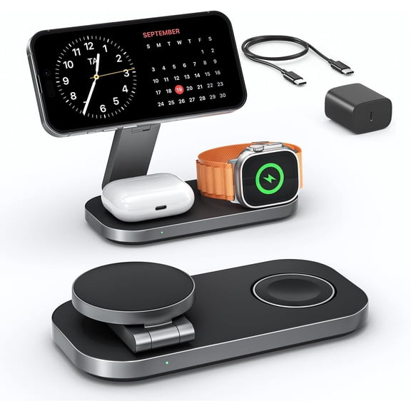 3 in 1 Wireless Charging Station for Devices, Magnetic Foldable Fast Charger Stand Compatible with MagSafe iPhone Air/17/16/15/14/13/12 Series, Watch & AirPods Pro/4/3/2