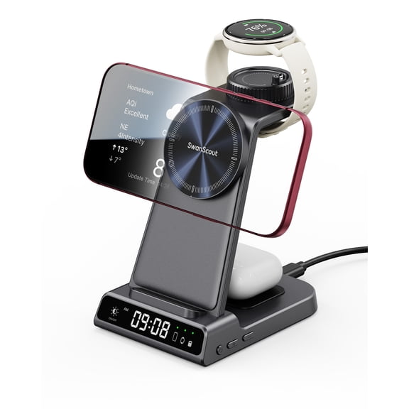 3 in 1 Wireless Charging Station for Garmin Watches (Fenix/Venu/Forerunner/vivoactive/Instinct), Magnetic Charger for iPhone 12-17 Series, for AirPods, for Galaxy Buds (No Adapter)