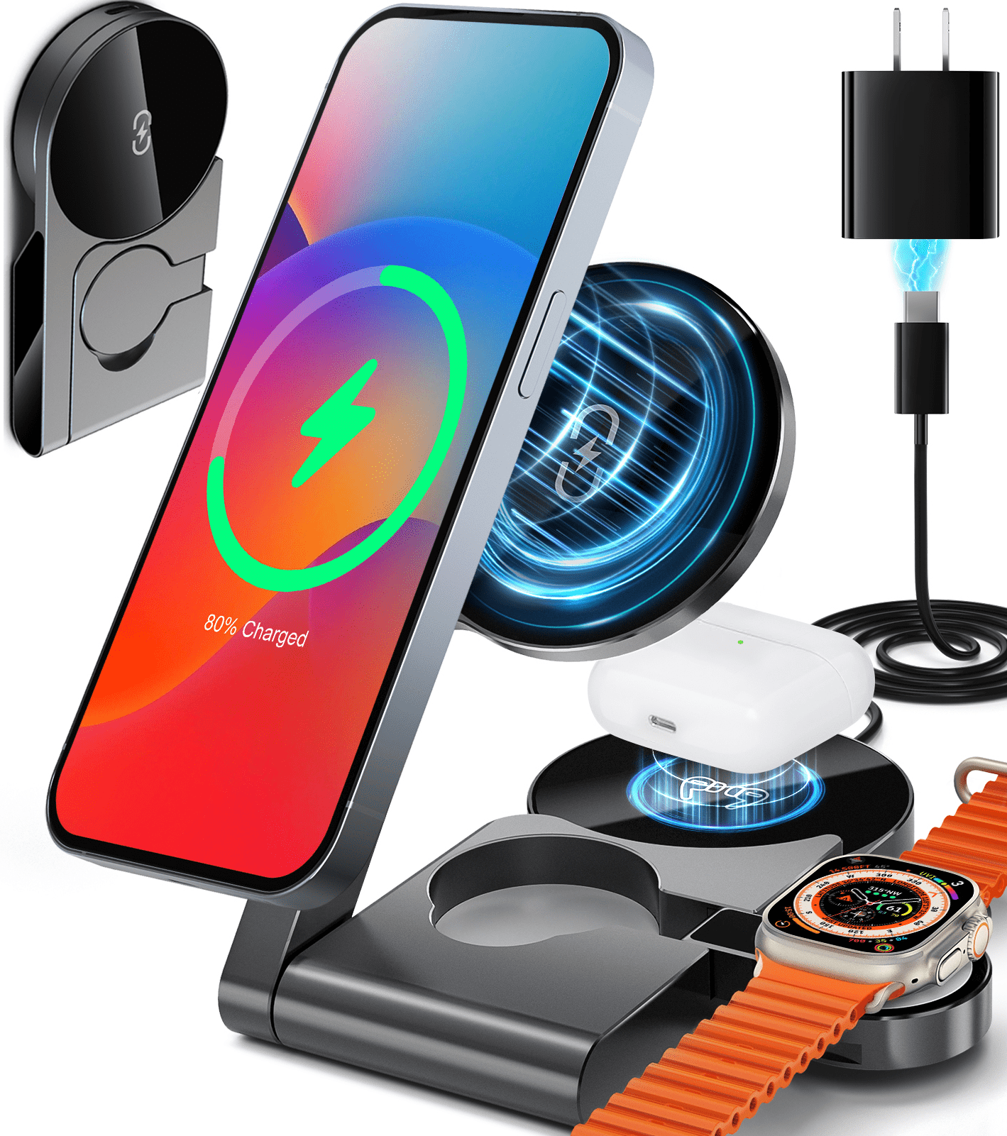 3 in 1 Wireless Charging Station Mag-Safe Fast Charging Station for Apple MagSafe Charger, with USB C Charger, Foldable Charging Magnetic Wireless Charger Stand