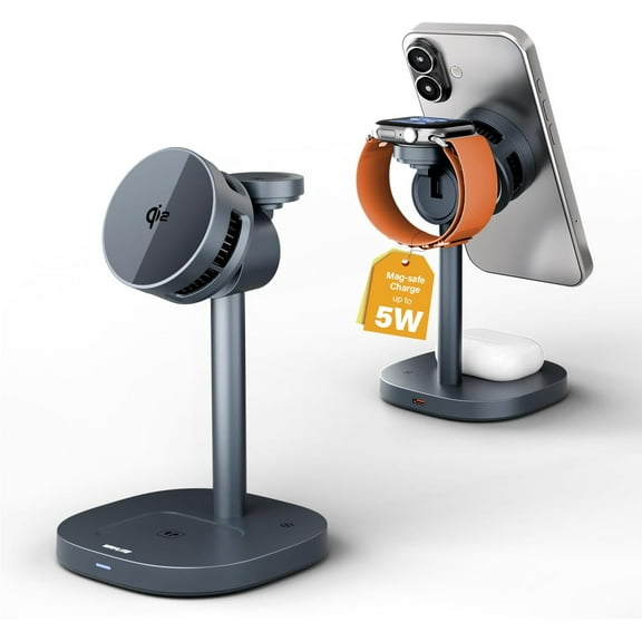 3 in 1 Wireless Charging Station for MagSafe Charger Stand,15W Fast Phone and Watch with TEC Cooling, Magnetic iPhone17 16 15 14 13, Watch, AirPods, Gray