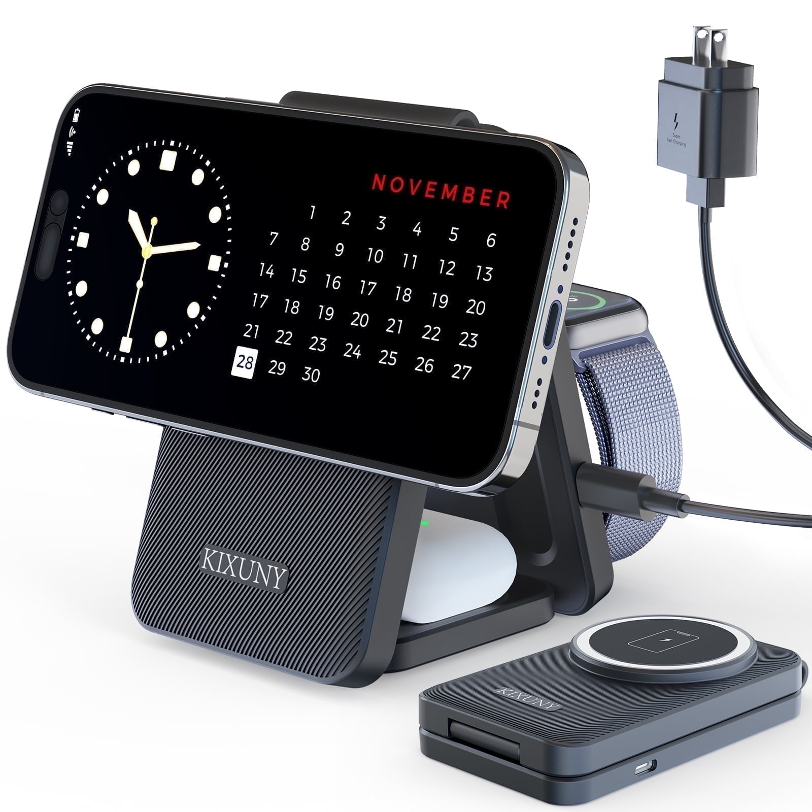 3 in 1 Wireless Charging Station for Magsafe Charger Stand, KIXUNY Wireless Charger 3 in 1, Foldable Travel Charger 3 in 1 for iPhone15/14/13/12 and Apple Watch/AirPods/(Adapter Included)