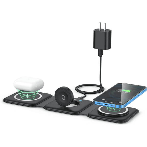 3 in 1 Wireless Charging Station for Multiple Device Apple, Magnetic Foldable Charging Station for iPhone 15/14/13/12 Series, AirPods 3/2/Pro, SmartWatch(Adapter Included)