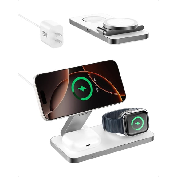 3 in 1 Wireless Charging Station with Qi2 Magnetic Charger for iPhone 16 Pro/16/16 Pro Max/15 Pro/15/15 Pro Max, for Apple Watch 9/Ultra 2/SE/8/7/6/5/4/3/2, for AirPods Pro/Pro 2/3 (whire)