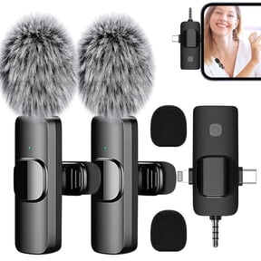 3 in 1 Wireless Lavalier Microphone for iPhone, Android, Camera, Noise Reduction Mini Microphone, Wireless Microphones Double Mics for Video Recording Vlog Podcast