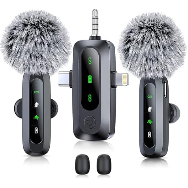 3 in 1 Wireless Lavalier Microphone for iPhone, iPad, Android, Camera, 2 Pack Professional Mini Microphone LED Display Clip on Mic with Noise Reduction for Video Recording TikTok YouTube Vlog