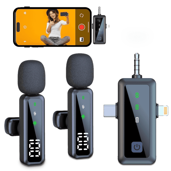 TIKBBRMG 3 in 1 Microphone for iPhone Wireless Lavalier Mini Microphones Digital Display with Noise Reduction for iPad Android Video Recording, Podcast, Vlog