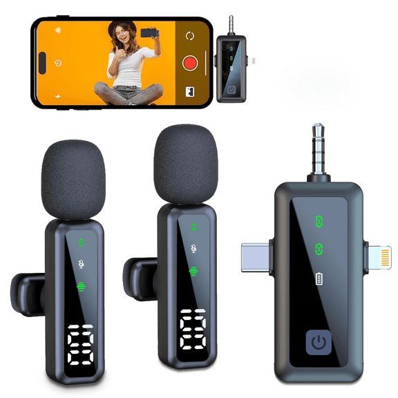 TIKBBRMG 3 in 1 Microphone for iPhone Wireless Lavalier Mini Microphones Digital Display with Noise Reduction for iPad Android Video Recording, Podcast, Vlog