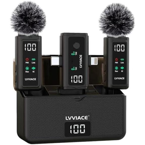 3 in 1 Wireless Microphone for iPhone, Android, Camera,Wireless Lavalier Microphone, Noise Cancellation with 45 Hours Transmitter Digital Display Charging Case for Video Recording, Streaming$$Music