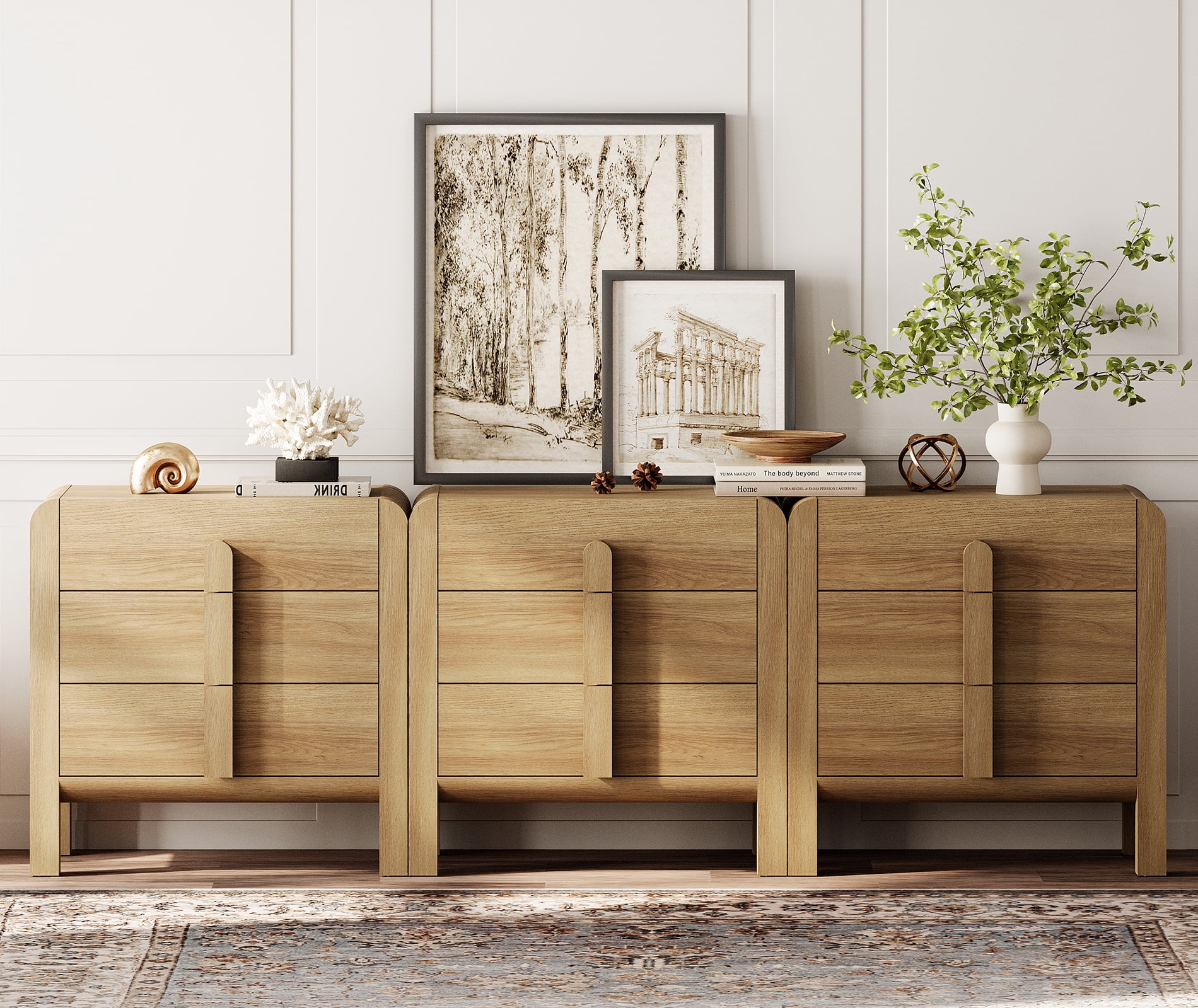 3 In 1 Wood Accent Cabinet with Drawers, 94.5" Modern Credenza Storage Cabinet with Curved Profile Design for Living Room, Kitchen, Dining Room, Hallway